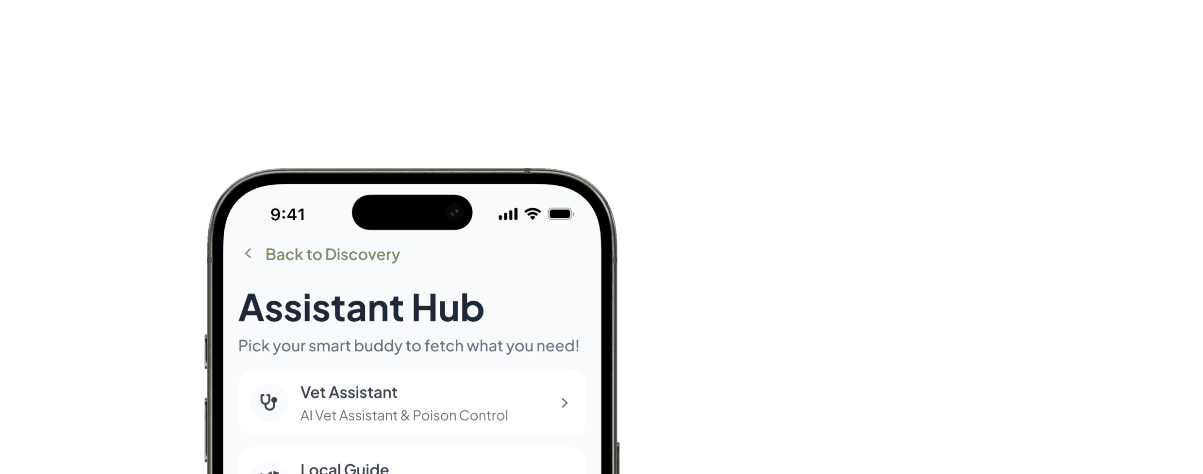GoFetch Assistant Hub screen